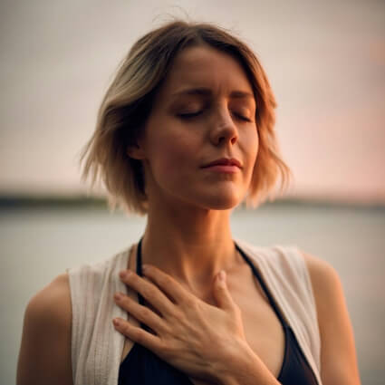 Woman with eyes closed and hand on chest, practicing mindful breath and body awareness.