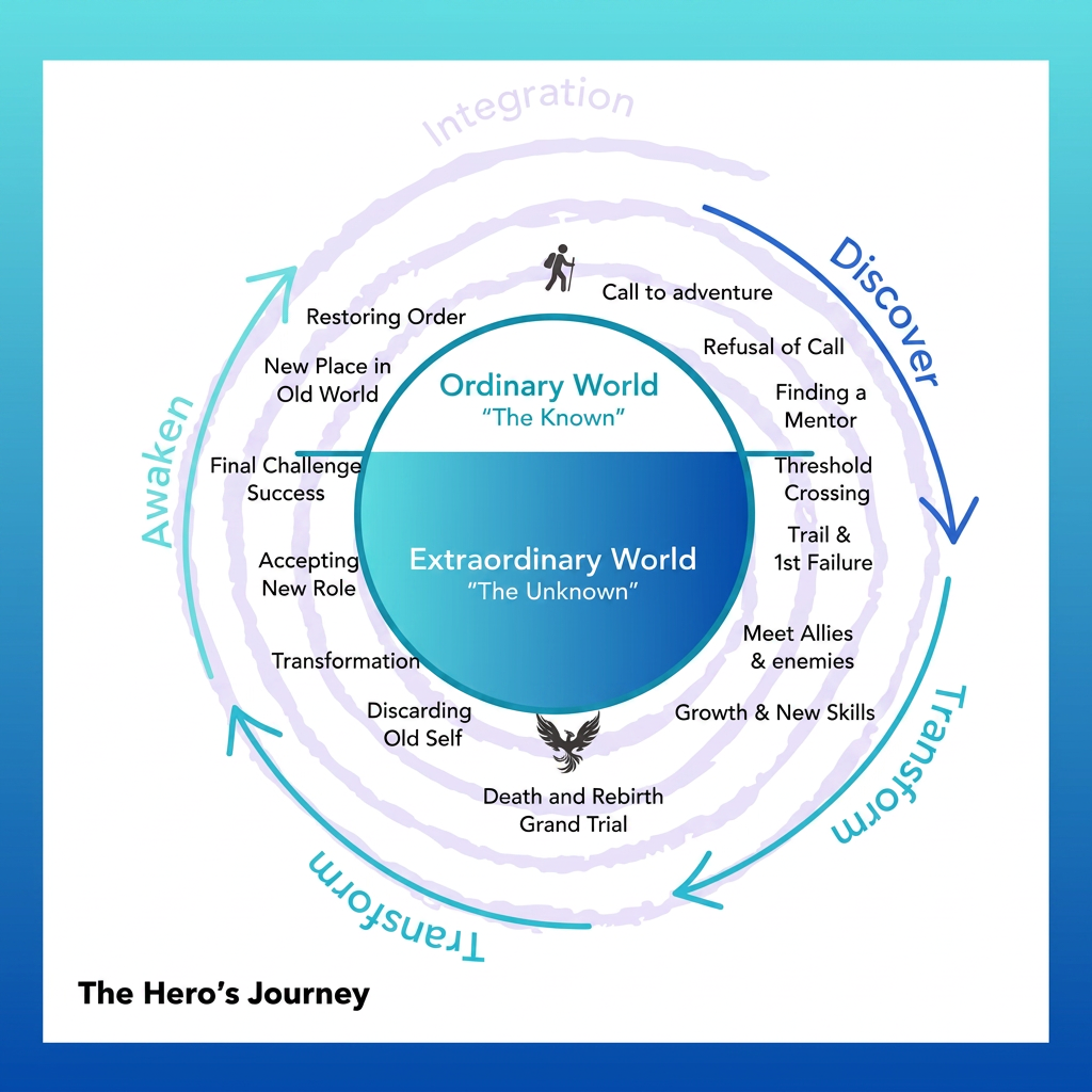 Circular diagram of the Hero's Journey showing the path from Ordinary World to Extraordinary World through Awaken, Discover, Transform, and Integration.