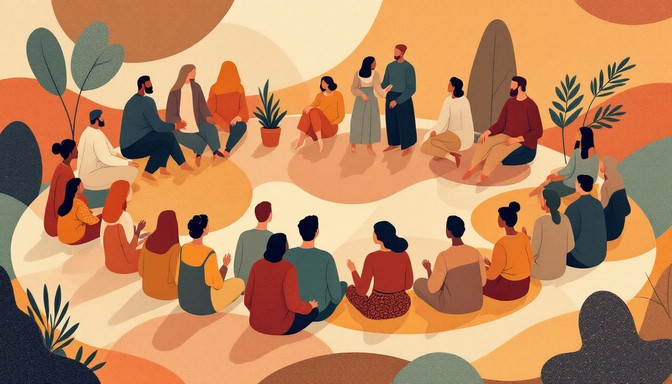 Illustration of a community gathering in a circle