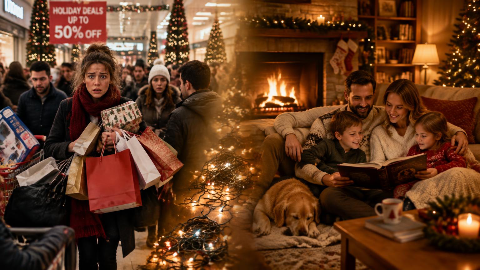 Hectic holiday shopping transitioning into a calm family gathering by the fire